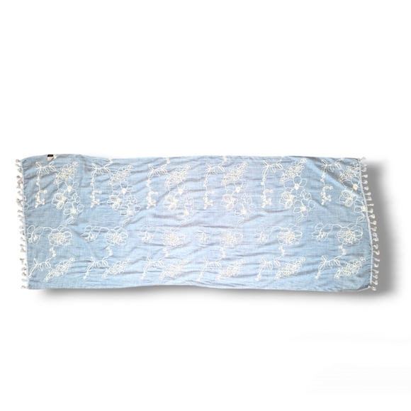 Bruges Blue Chambray Floral Embroidered Pompom Fringe Shawl - Picture 2 of 6